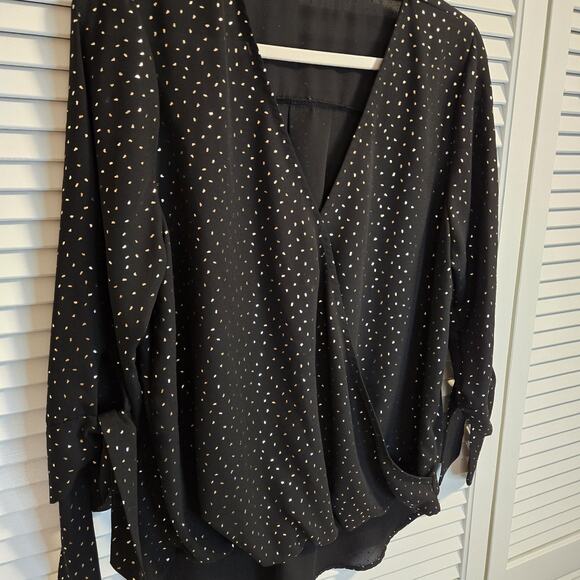 Kai Tops - West Kai Black High Low Flowy Top Gold Silver Flecks Tie 3/4 Sleeves V Neck Glam